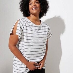 LOFT White Short-Sleeve Striped Tie-Shoulder Top
